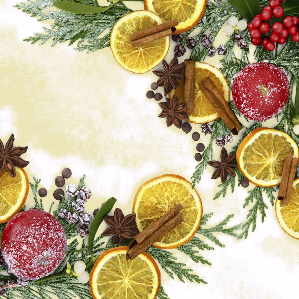 Orange Scheiben, Zimtstangen, Sternanis, rote Beere, grünes Laub