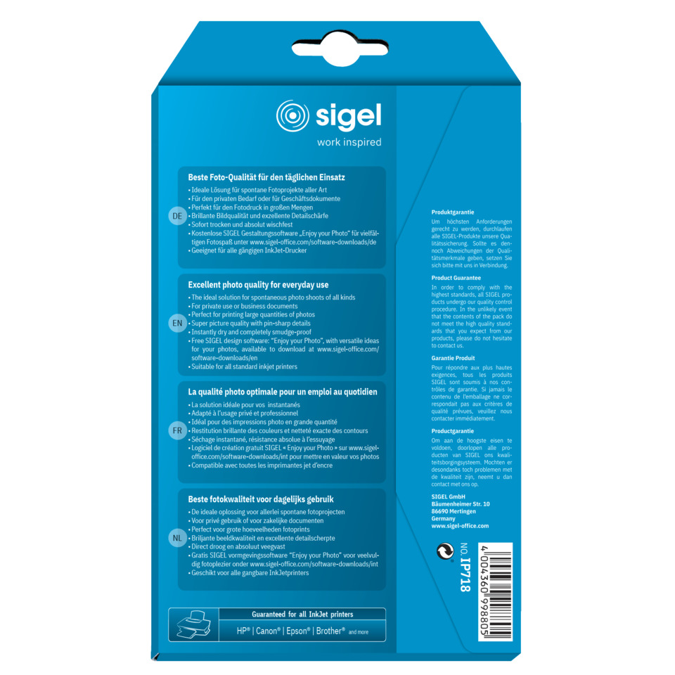 blue packaging, Tintenpatrone, Druckerzubehör, mehrsprachiger Text, Sigel-Box
