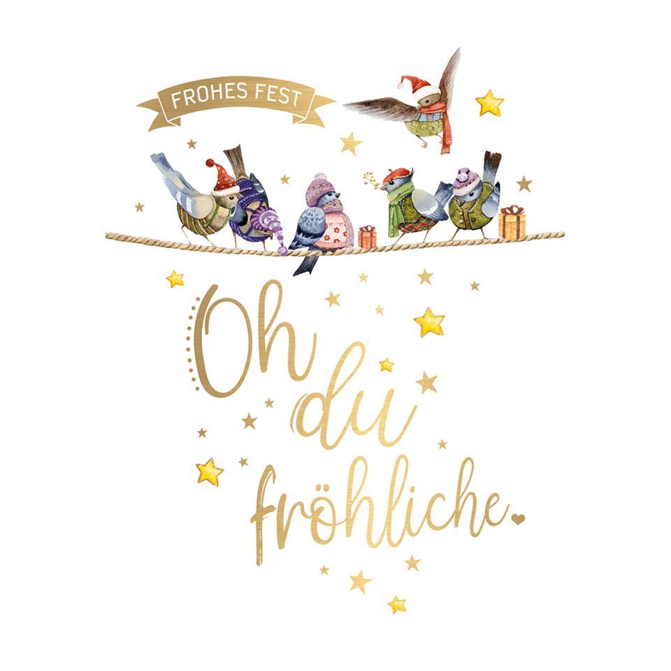Weihnachtskarte, Vögel, Sterne, Sprüche, Fröhliche