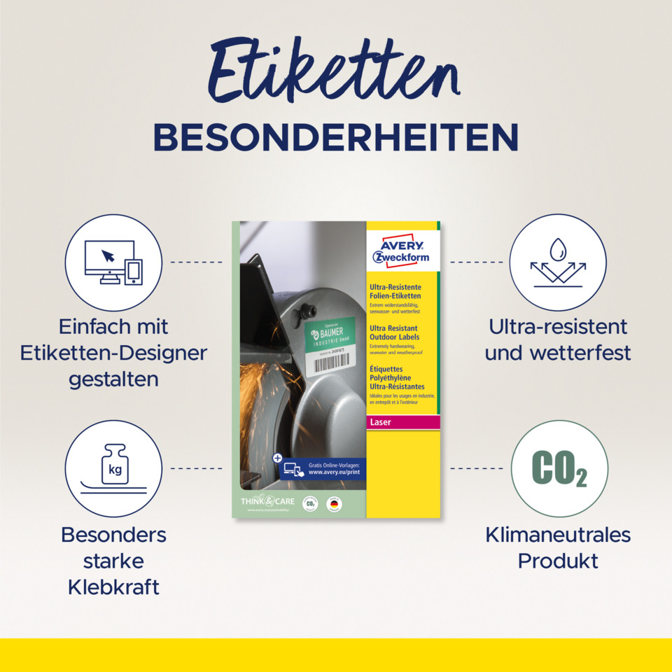 Etiketten, Zubehör, Klebkraft, Klimaneutral, Ultra-resistent, Etiketten, Beschriftung, Klebepower, Außenetiketten, Kunststoffe