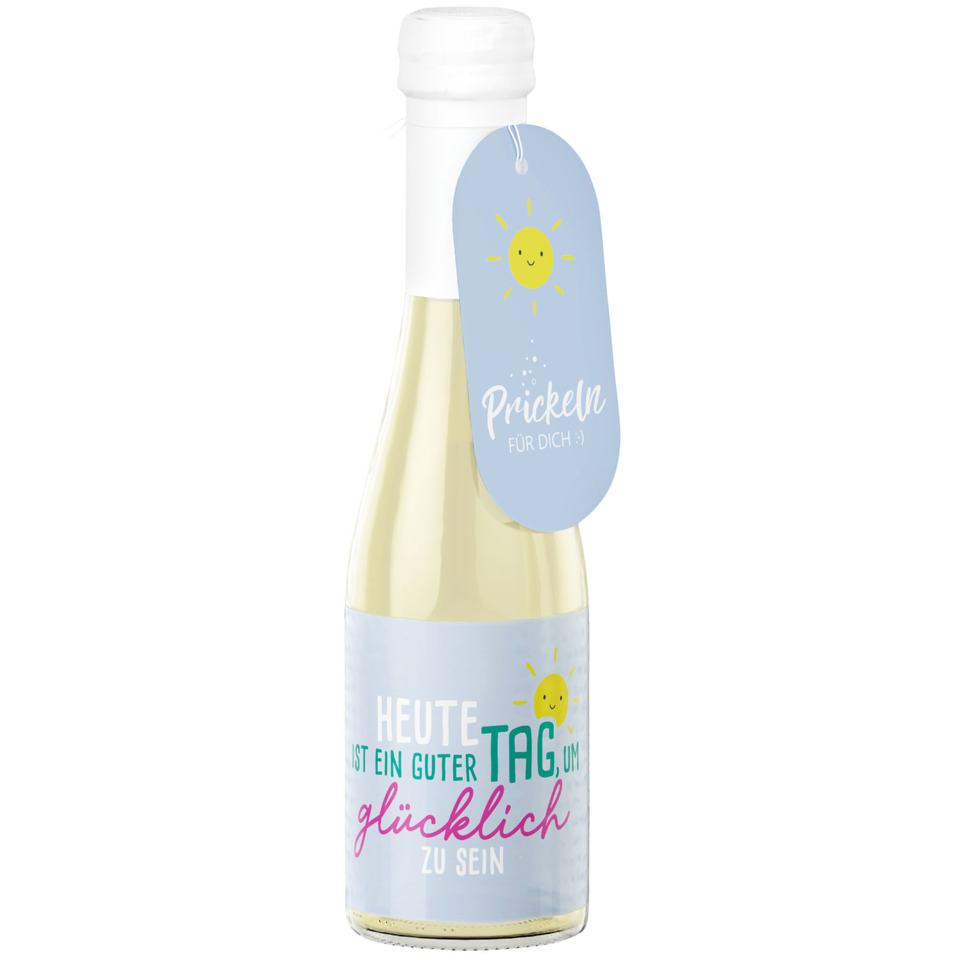 Weißwein, Glasflasche, Etikett, Sonnenmotiv, Spruchaufdruck