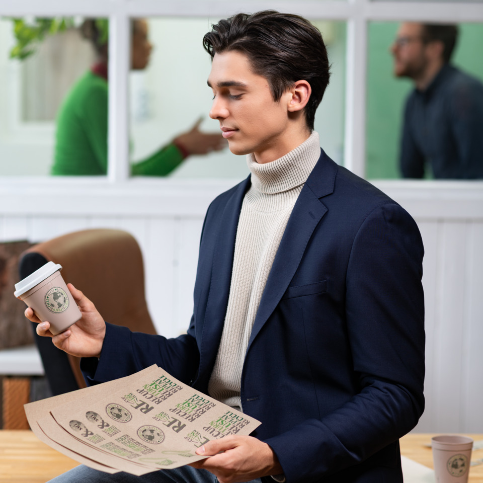 blazer, turtleneck, coffee, newspaper, office, Anzug, Dunkelblauer Blazer, Rollkragenpullover, To-go Kaffee Becher, Blatt Papier/Karten?