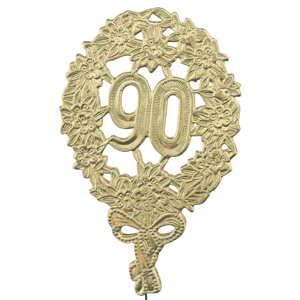 goldenes Spitzenmotiv, 90er Jahre Anhänger, Blumengedeckter Kranz, aufwändige Brosche, metallisches Abzeichen