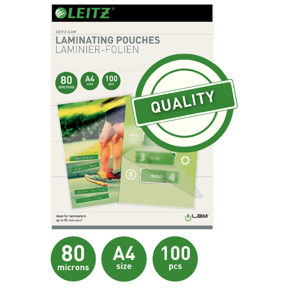 laminating pouches, A4 size, 80 microns, plastic, pack of 100