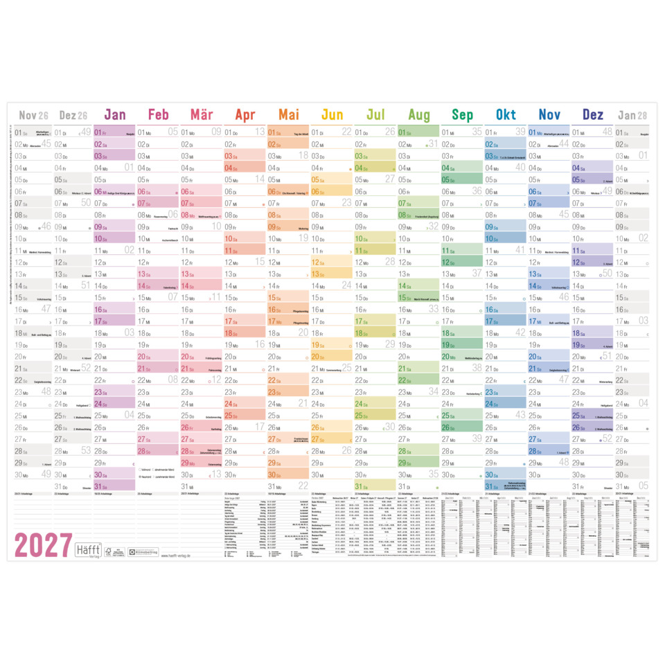 kalender, Jahr 2027, Monatskalender, mehrfarbig, Wandkalender