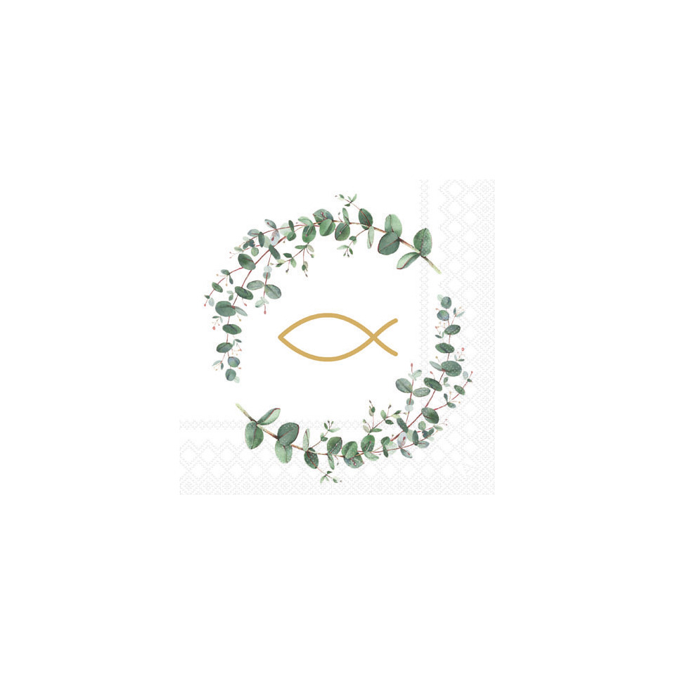 Fischsymbol, goldener Fisch, kronenkranz, grünes Blattwerk, Eukalyptus