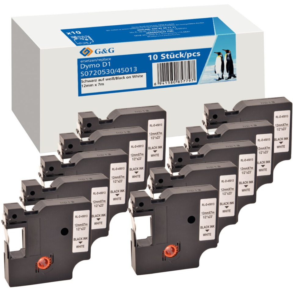 Tintenpatronen, Druckertinte, Schwarzweiß, Dymo D1, 10 Stück
