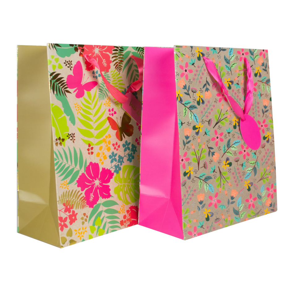 Geschenktasche, Blumen Muster, Mehrfarbig, Papiertüte, Samtband-Optik