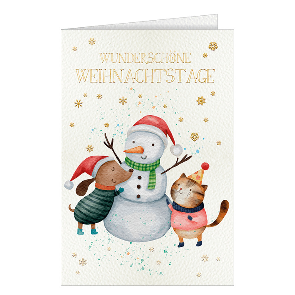 Weihnachtskarte, Schneemann, Hund, Katze, Wintermotiv