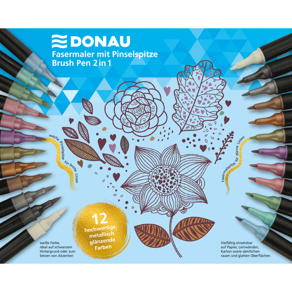Fasermaler, Brush Pen, Malfarben, Blöcke, 12 Farben