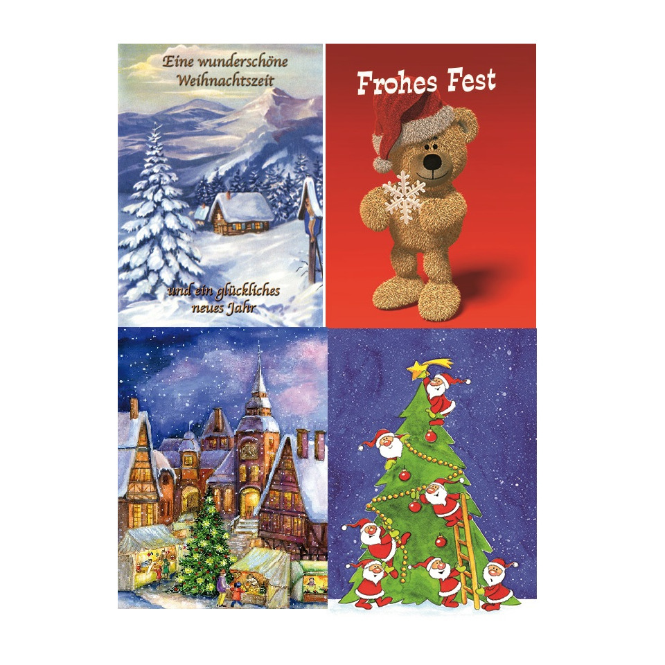 Weihnachtskarte, Winterlandschaft, Teddy, Weihnachtsbaum, Santa Claus