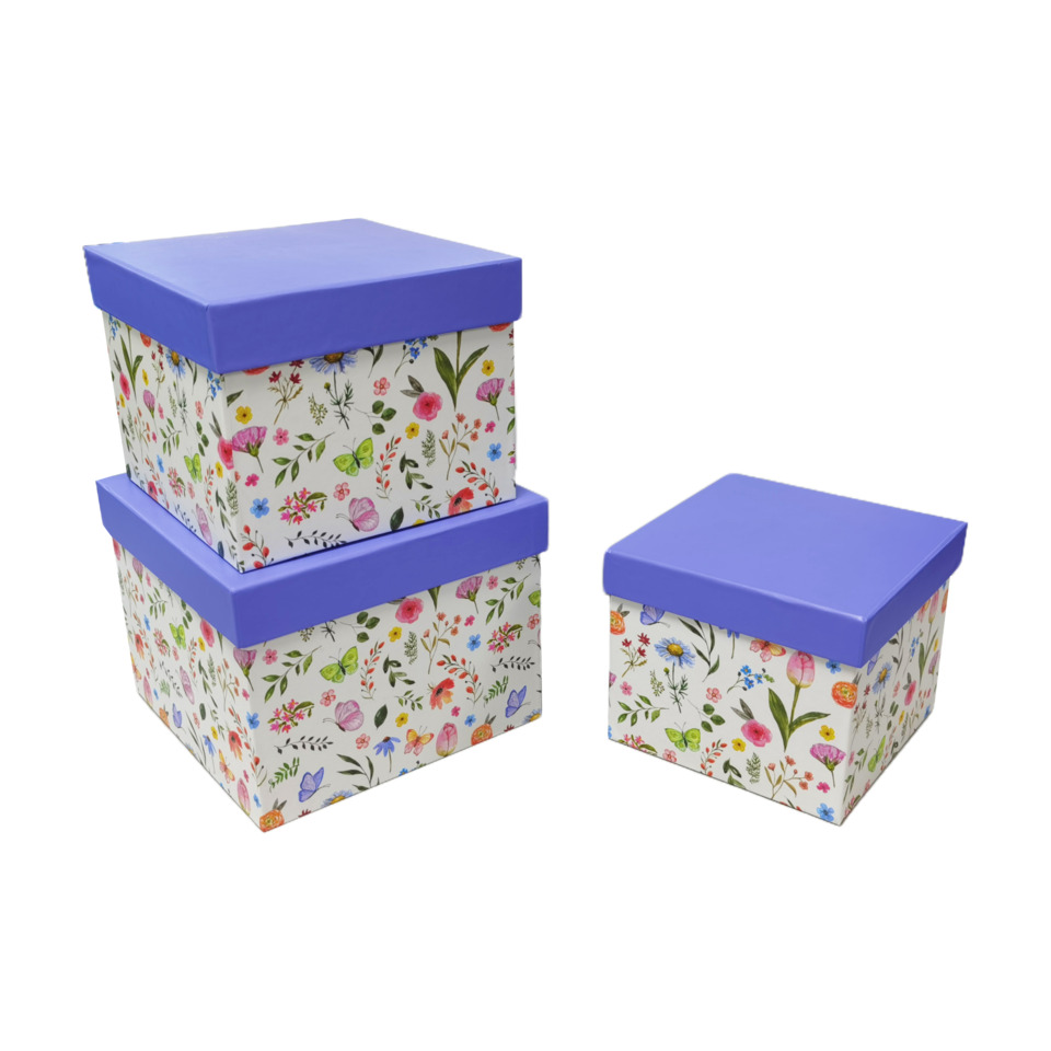 Kisten, Aufbewahrung, Blumendesign, Pappboxen, Lila Deckel