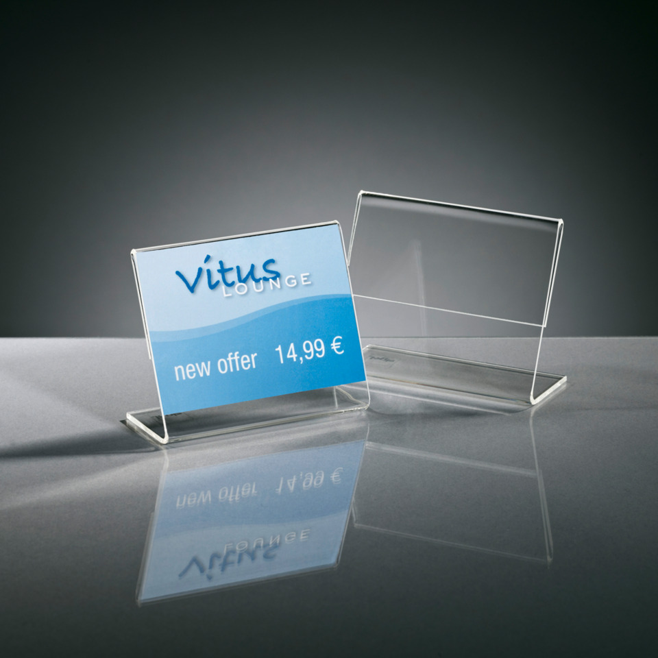 acrylglas display, advertising sign, table card, blue card, price tag