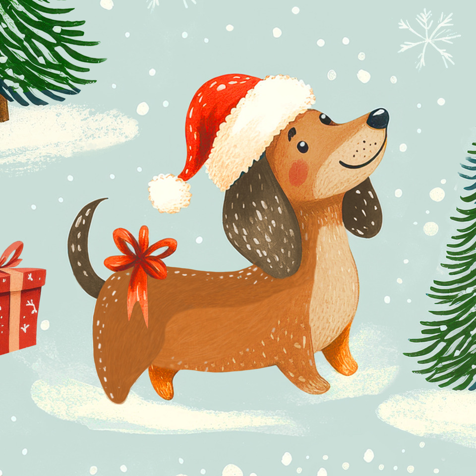 Hund, Weihnachten, Santa-Hut?, Schneefall, Geschenk