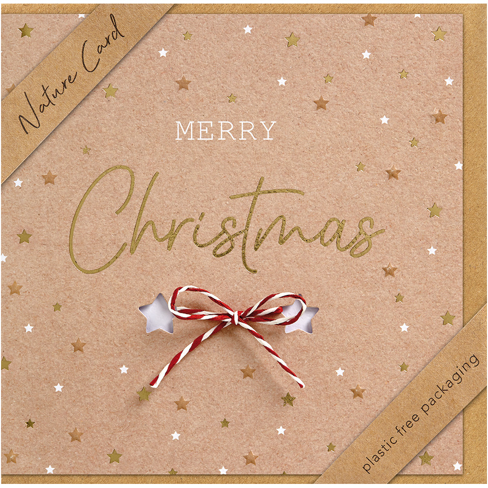 Christ­maskarte, Merry Christmas, Papierkarte, Bändchen- Schleife, goldene Sterne