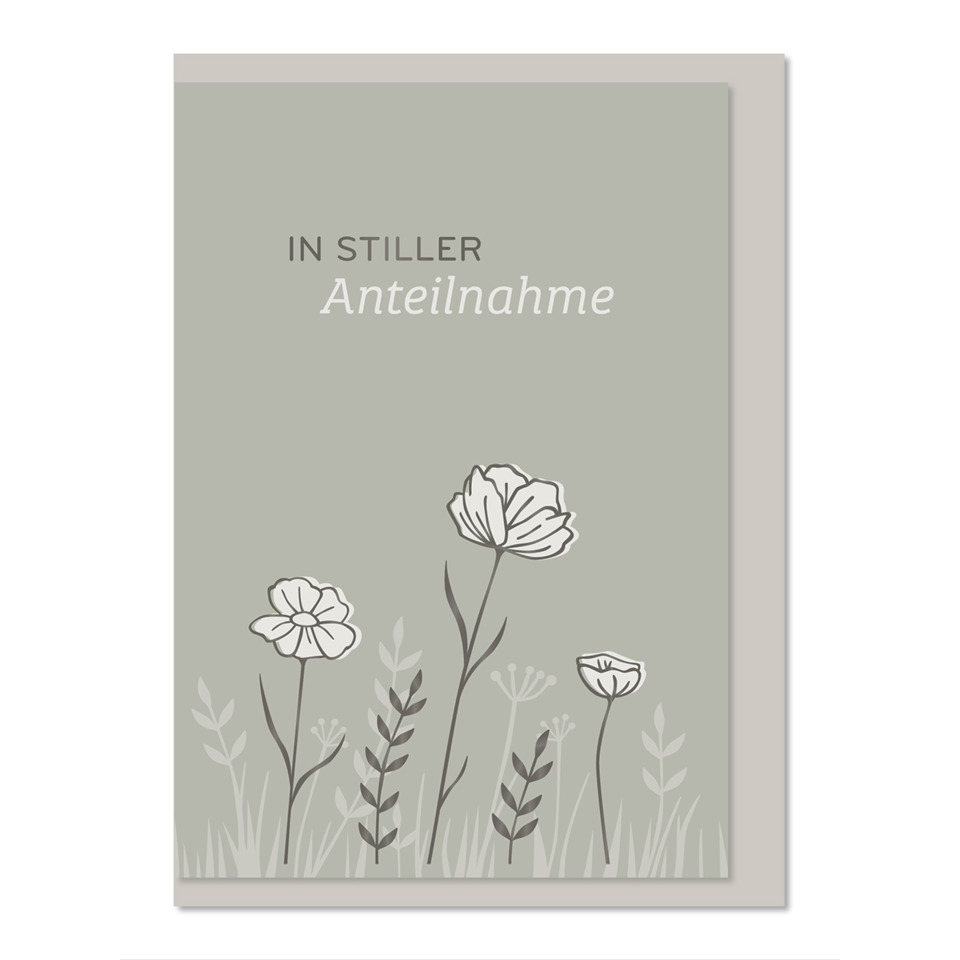 karte, trauergabe, steilrahmen, blumenmotiv, grün- grau