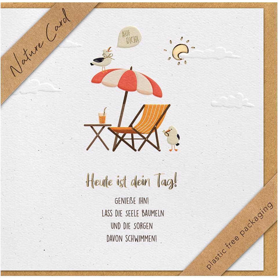 Natürliche Karte, Sommermotiv, Strandstuhl, Sonnenschirm, Vogel