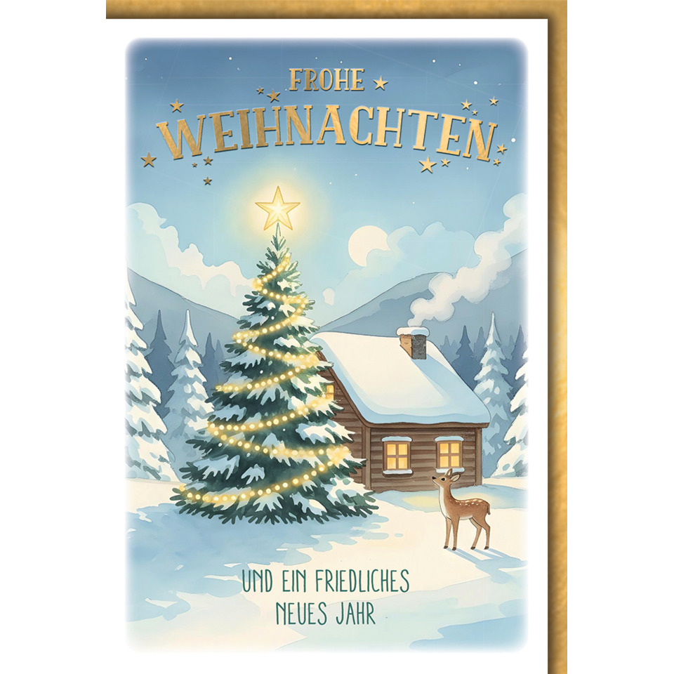 Weihnachtskarte, Weihnachten, Weihnachtsbaum, Holzhaus, Winterlandschaft