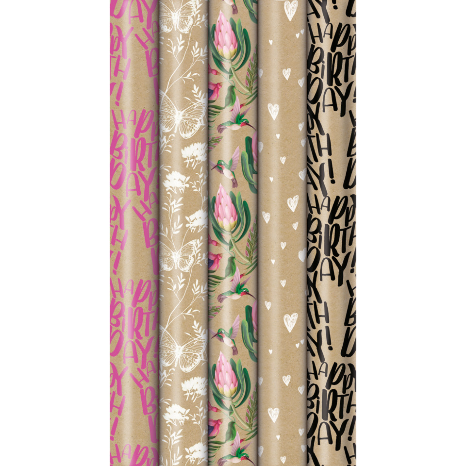 Geschenkpapier, Klebepapier, Blumendesign, Herzmotiv, Birthday-Print