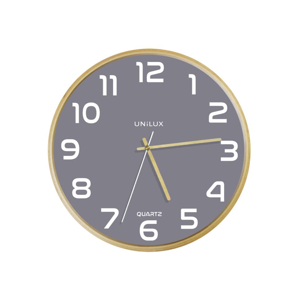 wanduhr, runde wanduhr, quarz, goldener rahmen, grau zifferblatt