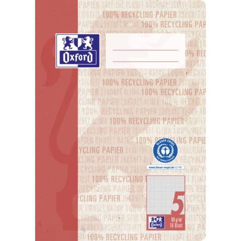Heft Recycling, A5, 90g/m², 16 Blatt, Lin.5, kariert, rot OXFORD 400159459