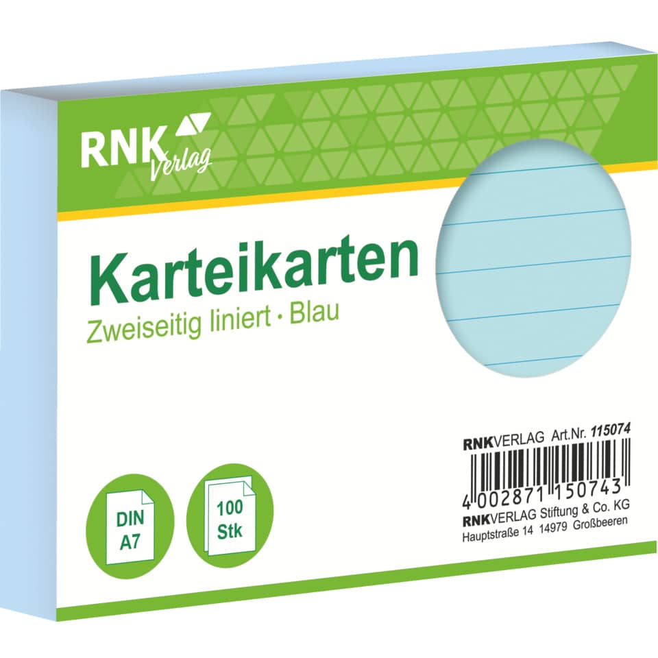 Karteikarten, DIN A7, Blau, Linierte Karten, 100 Stück