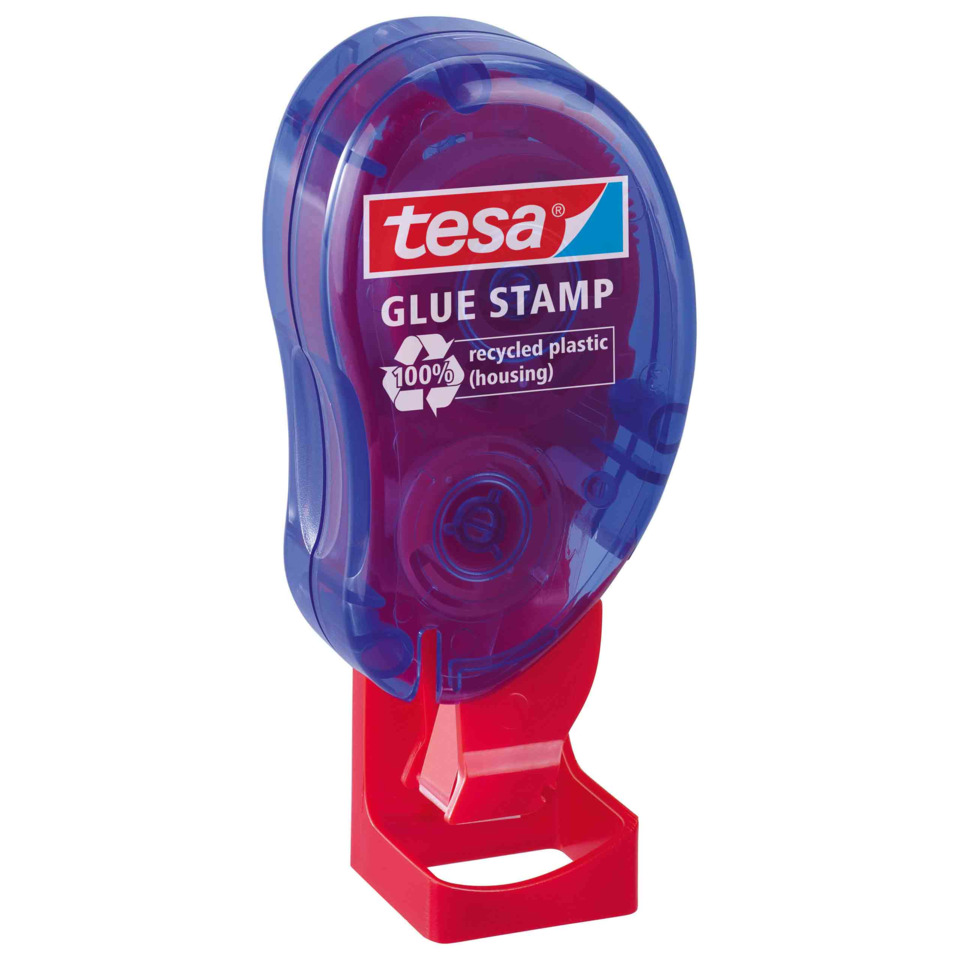 Kleberstempel, recycelter Kunststoff, Gehäuse, blauviolett, roter Ständer