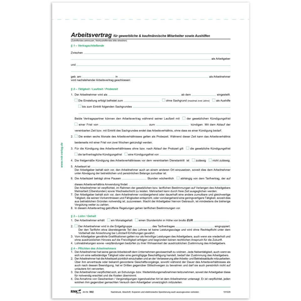 Arbeitsvertrag, Formular, Druckvorlage, Unterschriftenfeld, Kopie/Layout