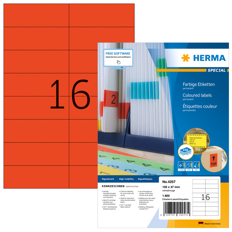 Etiketten, farbige Etiketten, Permanent, Bürozubehör, Herma 105 x 37 mm