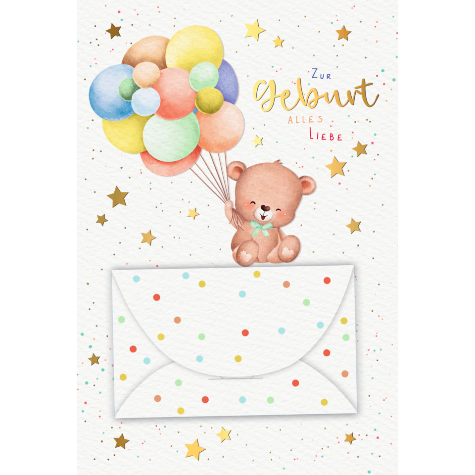 Teddybär, Ballons, Umschlag, Kartenmotiv, Geschenkkarte