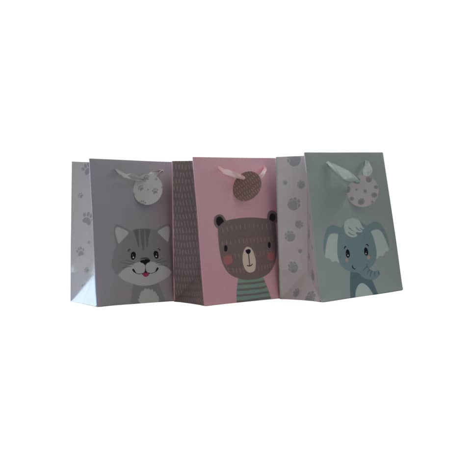 babygeschenkbeutel, tiermotiv, bärendesign, karikaturtier, pastellfarben