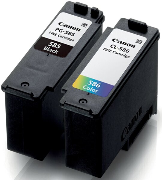 Tintenpatrone Multipack PG-585 und CL-586 plus Papier, für Canon Drucker, 7,3 ml + 9,9 ml, schwarz und 3-farbig
