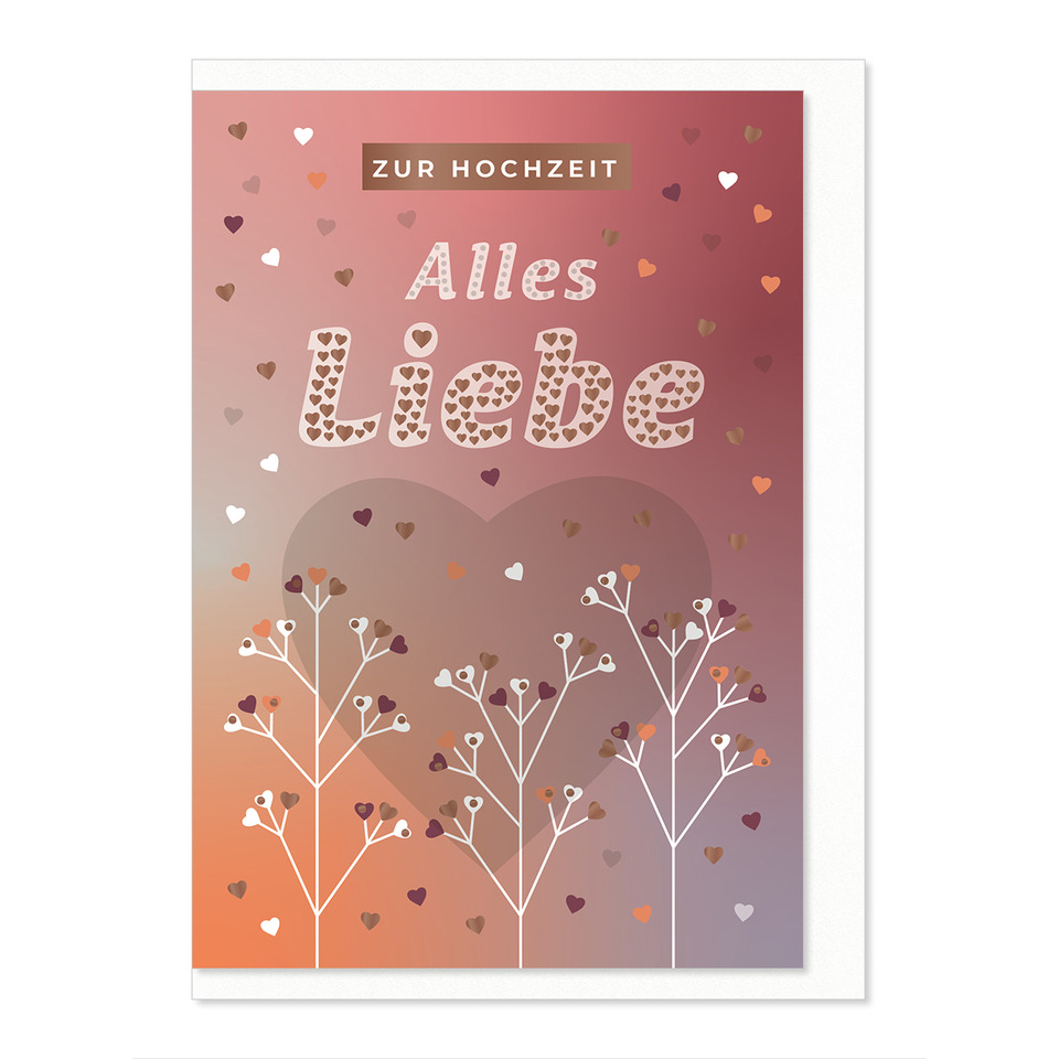 Hochzeitskarte, Alles Liebe, Herzmotiv, Herzbaum, Pastellfarben