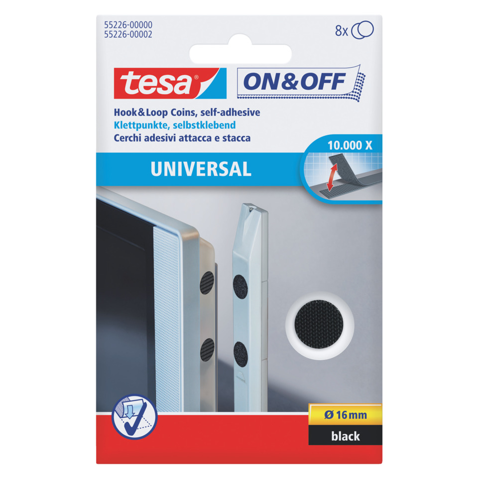 Klettpunkte On & Off Universal, Ø16mm, selbstklebend, 8 Stück, schwarz TESA 55226-00000-02