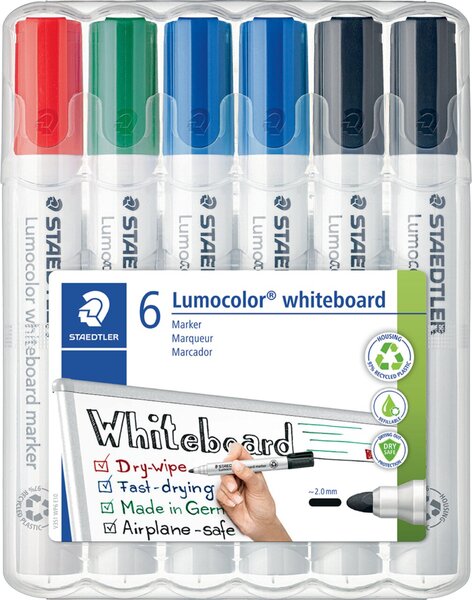 Whiteboardmarker-Set, Strichstärke: 2 mm, Rundspitze, 6er Etui sortiert (2x schwarz, 2x blau, rot, grün)