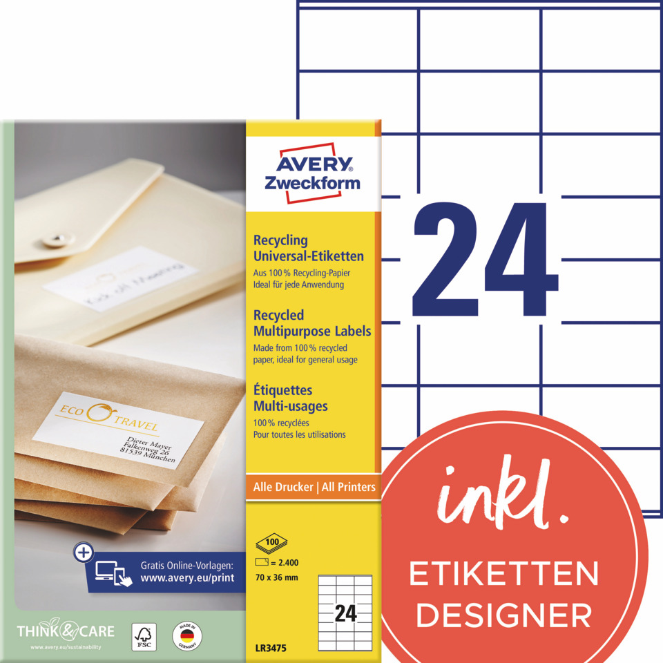 Recycling labels, Etiketten, Druckerpapier, Multifunktionsetiketten, Kartonbox