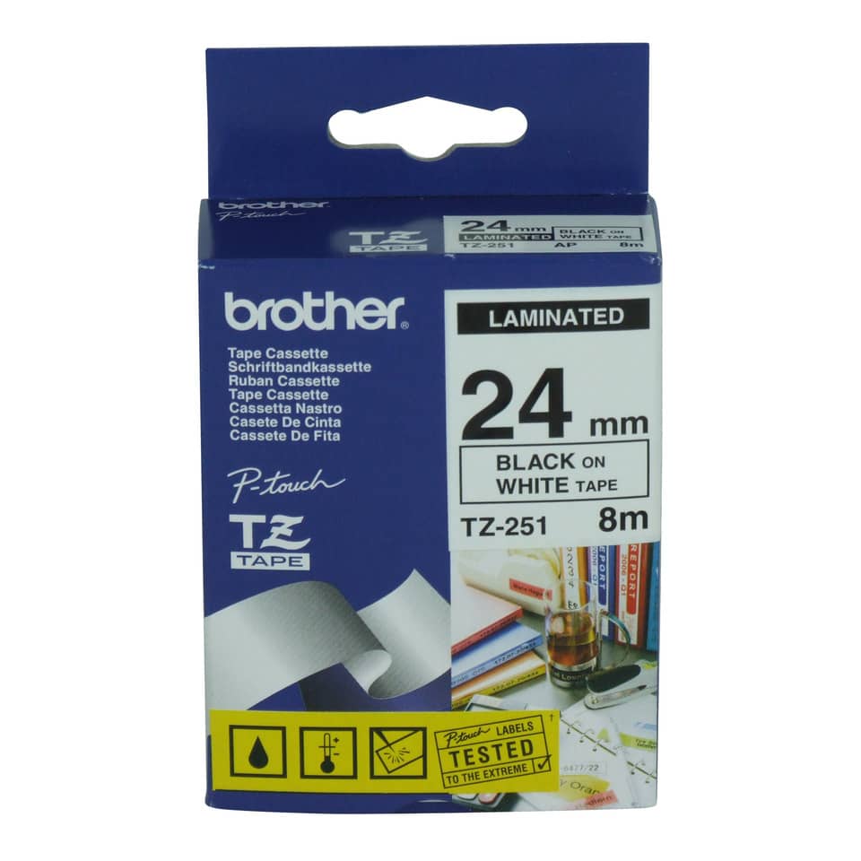 Klebebandkassette, Laminiert, Schwarz auf Weiß, 24 mm, TZ-251