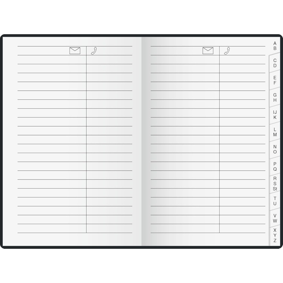 Notizbuch, offen, linierte Seiten, Doppelseite, Alphabet-Reiter