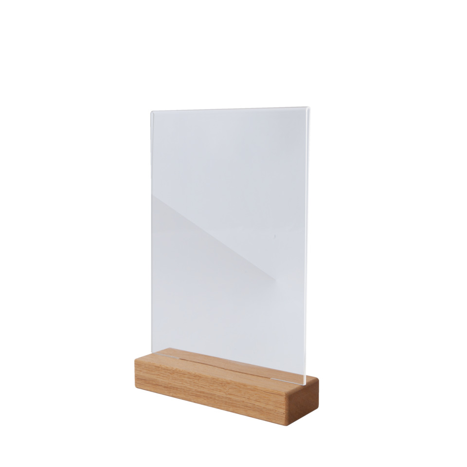 Acrylständer, Schreibtischdisplay, Klares Panel, Holzfuß, Lesezeichenhalter