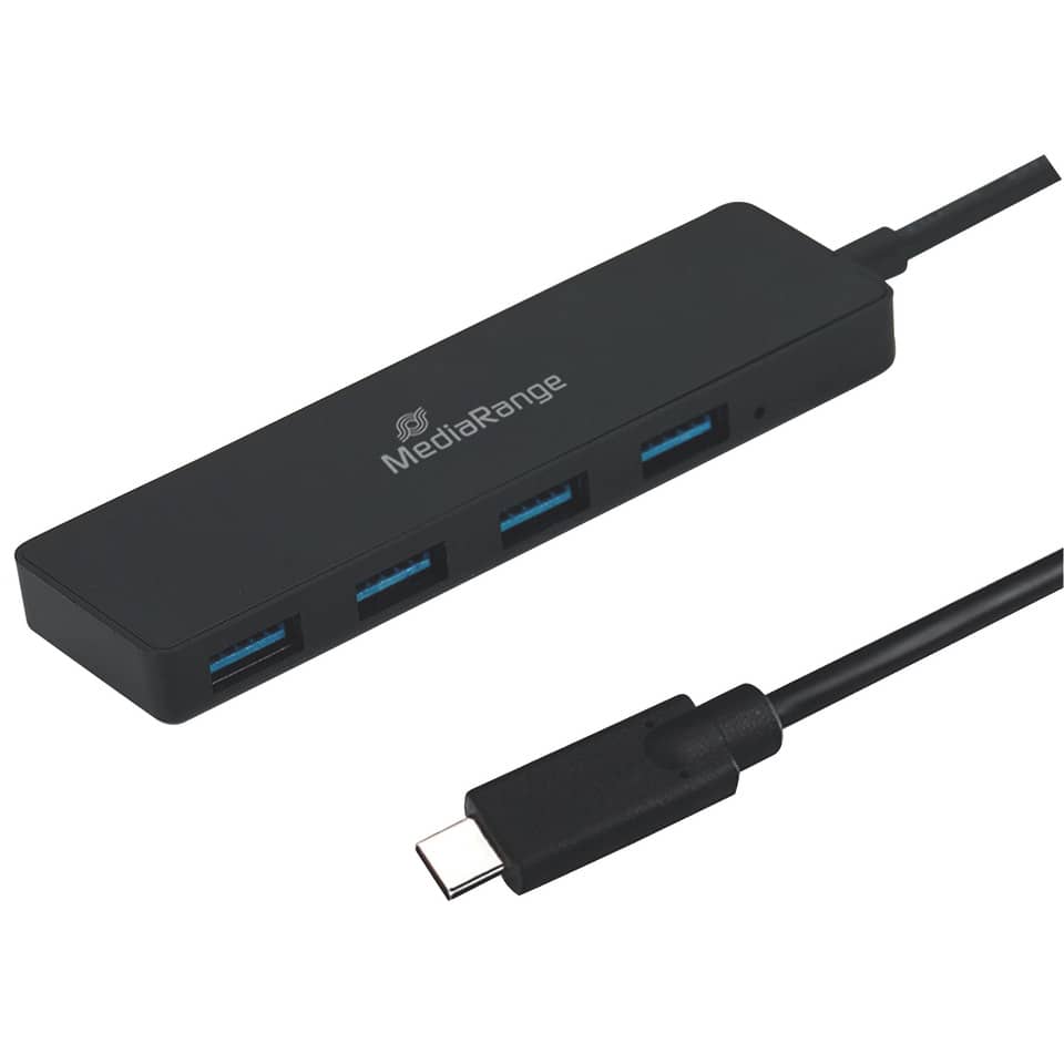 USB-Hub, USB-A Ports, Type-C Anschluss, externer Hub, schwarzes Zubehör