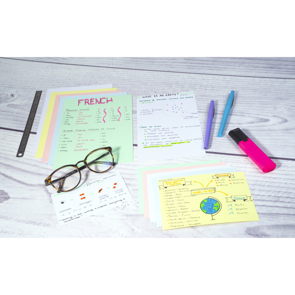 notizkarten, bunte notizen, brille, lineal, marker