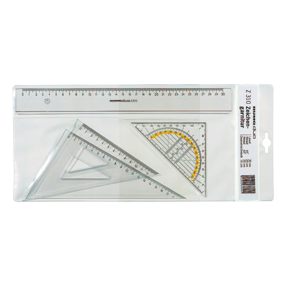 Zeichengarnitur, transparenter Kunststoff, Lineal 30 cm, Winkel 45°/60° je 20 cm, Geodreieck 16 cm RUMOLD Z 310