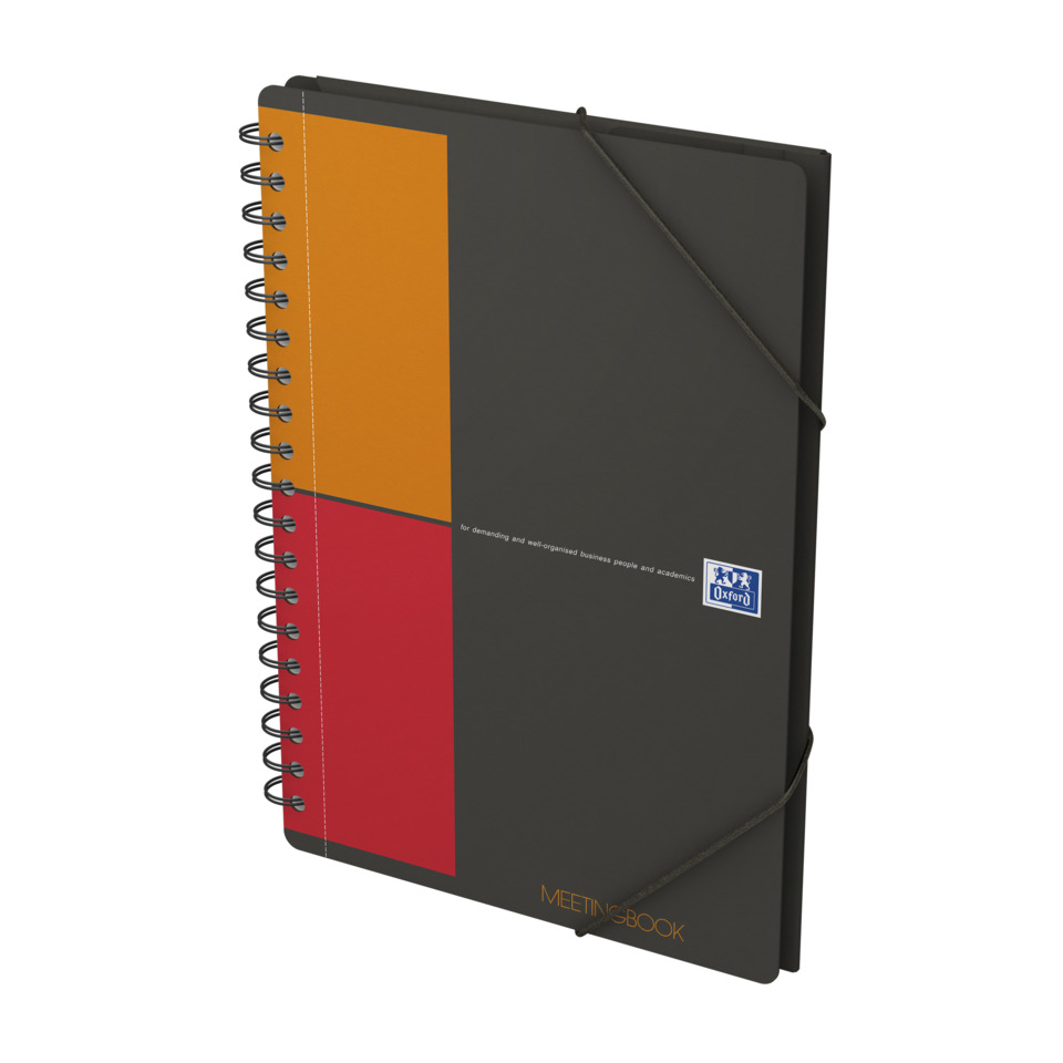 Spiralnotizbuch, Meetingbuch, Spiralklebeband, orange rote Paneele, Gummiband