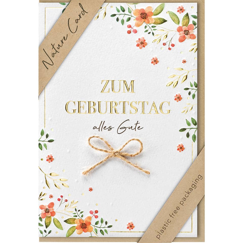 Grußkarte, Geburtstag, Naturkarton, Blumenmuster, Rope-Bow