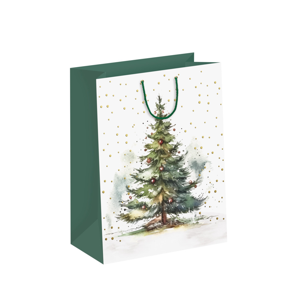 Geschenktasche, Weihnachtsbaum, Tannenzweige, goldene Punkte, Grüne Seiten