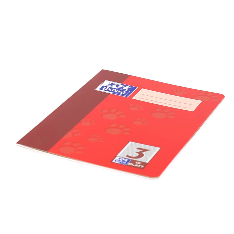 notizblock, Schulheft, roter Einband, Pfotenabdruck-Design, Oxford Markenetikett