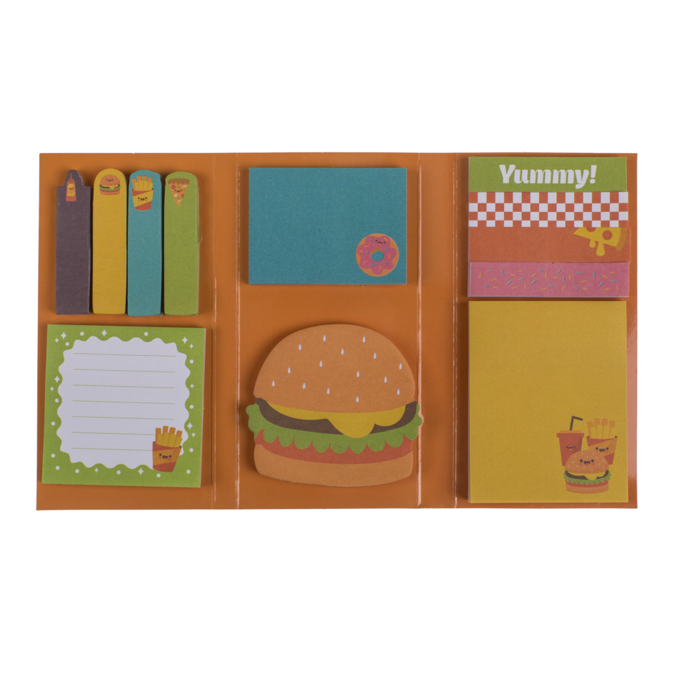 Kaugummi, Burger, Pommes, Post-it, Notizblock