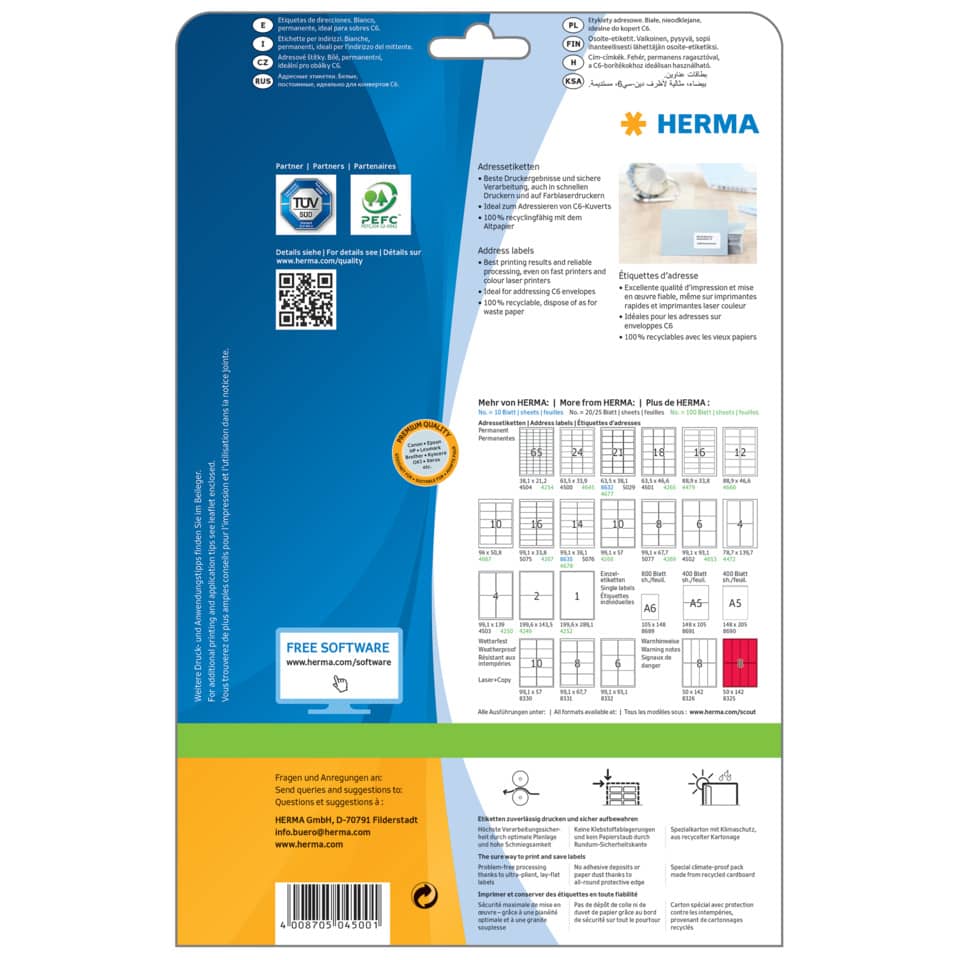 A4 label sheet, Druckeretiketten, Papieretiketten, Herma Marke, mehrsprachige Verpackung