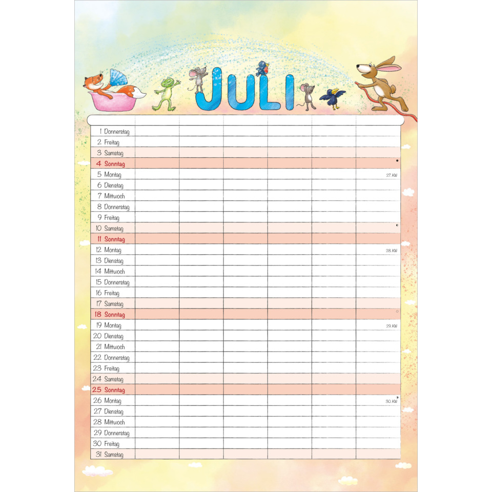 kalender, juli, monatliches kalenderblatt, tierillustrationen, sonntag, farbverlauf