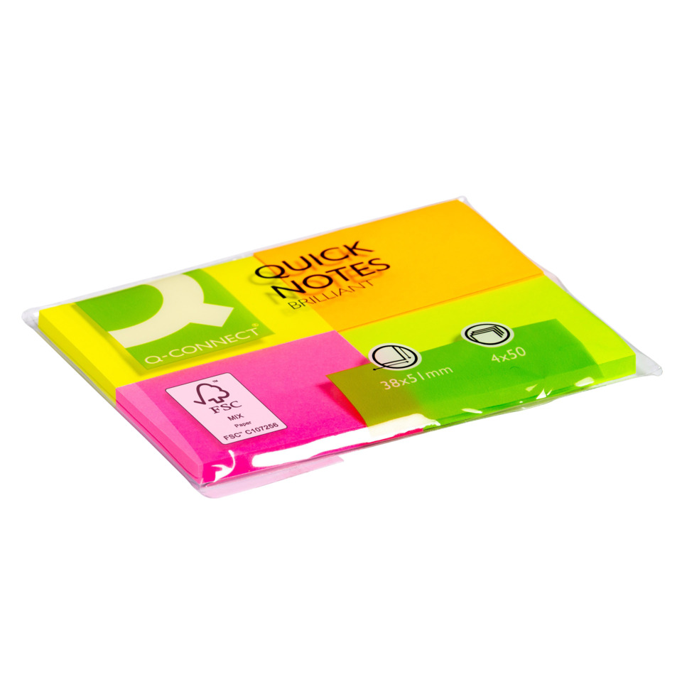Haftnotizblock Quick Notes, 50 Blatt, 4 Stück, 38x51mm, brilliant sortiert Q-CONNECT KF10510